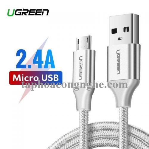 Ugreen 60149 25cm QC3.0 màu trắng đầu bọc nhôm chống nhiễu cáp Micro sang USB 2.0 sạc và truyền dữ liệu từ máy tính ra điện thoại dài 0.25m US290 30060149